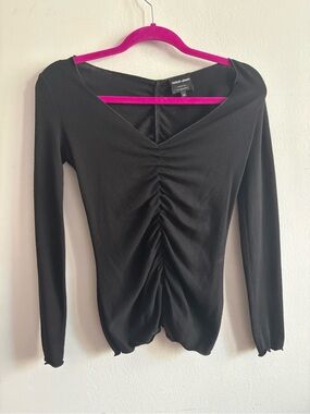 Giorgio Armani Black Cashmere Ruched V-Neck Long Sleeve Top
